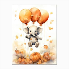 Elephant Flying With Autumn Fall Pumpkins And Balloons Watercolour Nursery 3 Canvas Print