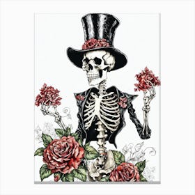 Floral Skeleton With Hat Ink Painting (5) Canvas Print