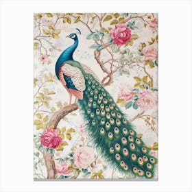 Floral Pink Roses Peacock Wallpaper Canvas Print