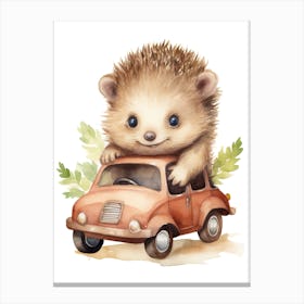 Baby Hedgehog On Toy Car, Watercolour Nursery 2 Canvas Print