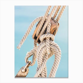 Sailing boat pulley, block and tackle with moored nautical rope Canvas Print
