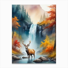 Deer In Autumn By The Waterfall Canvas Print