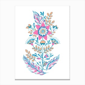 Folk Floral Silkscreen Cyan Canvas Print