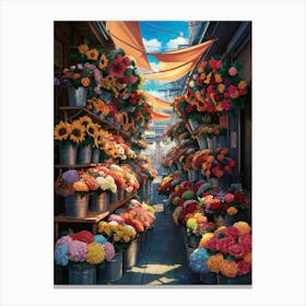 Lofi Anime Art: Vibrant urban flower stall overflowing with colorful bouquets in a bustling market. Perfect for cheerful and lively vibes. Canvas Print