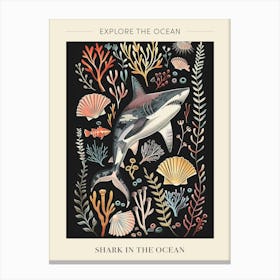 Shark In The Ocean Seascape Black Background Illustration 1 Poster Canvas Print