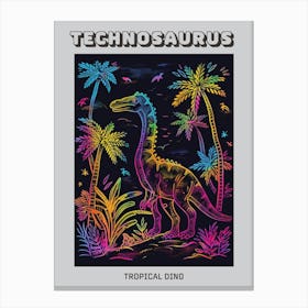 Neon Dinosaur With Palm Trees Line Illustration Poster Canvas Print