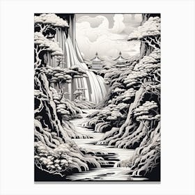 Nachi Falls In Wakayama, Ukiyo E Black And White Line Art Drawing 2 Canvas Print