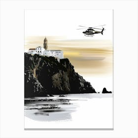 Helicopter Flying Over A Castle Canvas Print