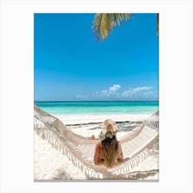 Content Woman Sprawls On A Pristine Tropical Beach Soft White Sands Adorned With Delicate Seashells Canvas Print