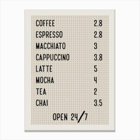 Coffee Shop Menu Canvas Print