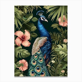 Peacock With Tropical Flowers Canvas Print