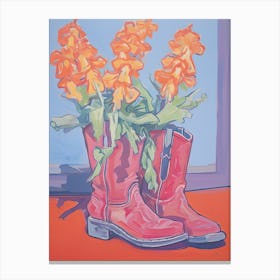 A Painting Of Cowboy Boots With Snapdragon Flowers, Fauvist Style, Still Life 8 Canvas Print