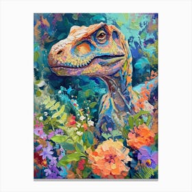 Dinosaur In The Garden Flowers 1 Canvas Print