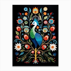 Folk Bird Illustration Peacock 1 Canvas Print
