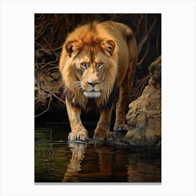 African Lion Drinking From A Stream Realistic 5 Canvas Print