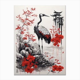 Crane In Red Flowers Canvas Print