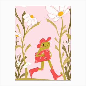 Cowboy frog walking through a field of flowers 1 Canvas Print