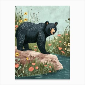 American Black Bear Standing On A Riverbank Storybook Illustration 1 Canvas Print