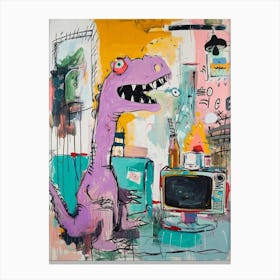 Dinosaur Watching Tv Purple Graffiti Brushstroke Canvas Print