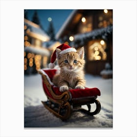 Santa Kitten In Sleigh Canvas Print