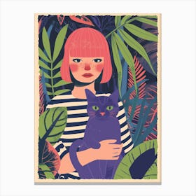 Girl With Cat In The Jungle Canvas Print