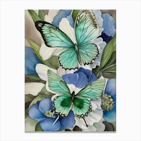 Butterflies On Blue Flowers Canvas Print