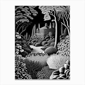 Alnwick Garden, United Kingdom Linocut Black And White Vintage Canvas Print