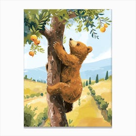 Brown Bear Cub Climbing A Tree Storybook Illustration 3 Canvas Print