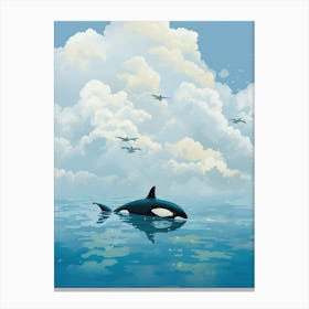 Modern Orca Whale Drawing With Clouds And Birds Canvas Print