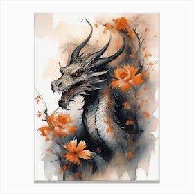Japanese Dragon Abstract Flowers Painting (25) Canvas Print