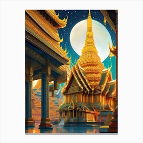 The Grand Palace - Thailand At Night - Trippy Abstract Cityscape Iconic Wall Decor Visionary Psychedelic Fractals Fantasy Art Cool Full Moon Third Eye Space Sci-fi Awesome Futuristic Ancient Paintings For Your Home Gift For Him Canvas Print