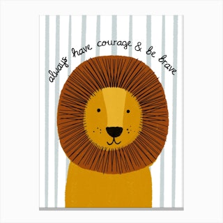 Striped Brave Lion Quote Mustard & Brown Canvas Print