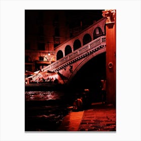 Venetian Dreams Rialto At Night - photo red black venice people bridge vertical living room bedroom Canvas Print