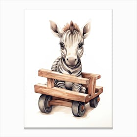 Baby Zebra On A Toy Car, Watercolour Nursery 2 Canvas Print