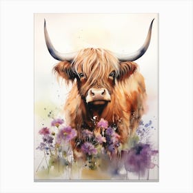 Highland Cow In Wildflower Field Watercolour 3 Canvas Print