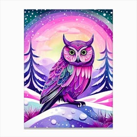 Pink Owl Snowy Landscape Painting (38) Canvas Print