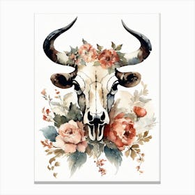 Vintage Boho Bull Skull Flowers Painting (57) Canvas Print