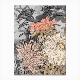 Abstract Botanical Fiddleheads and Dahlias, Cream and Graphite, Collage Botanical No.12623 - 08 Canvas Print
