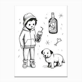 Walking The Dog Black And White Line Art Canvas Print
