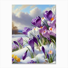 Crocuses In The Snow Vintage Floral Canvas Print