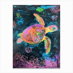 Neon Sea Turtle In The Sea At Night 3 Canvas Print