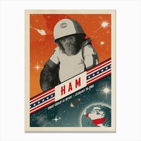 Ham, First chimp in space, USA, 1961 — Vintage space poster, retro space art 1 Canvas Print