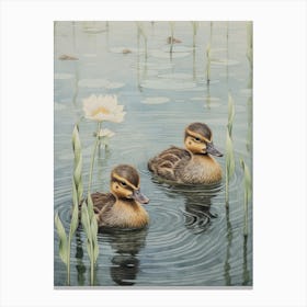 Ducklings With Pond Grass Japanese Woodblock Style 4 Canvas Print