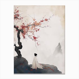 Asian Woman Under Cherry Tree Canvas Print