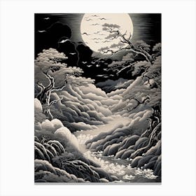 Aso Kuju National Park In Kumamoto, Ukiyo E Black And White Line Art Drawing 2 Canvas Print