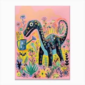 Dinosaur In The Garden Colourful Brushstroke 2 Canvas Print