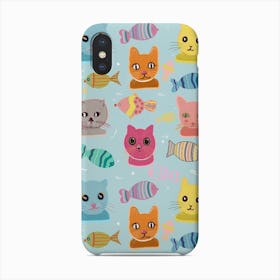 Cute Cat Faces Pattern Blue Background Phone Case