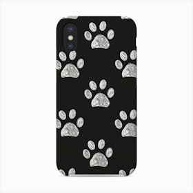 Doodle White Paw Print Seamless Fabric Design Repeated Pattern With Black Background Phone Case