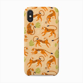 Tiger Pattern On Beige With Green Tropical Leaves Phone Case