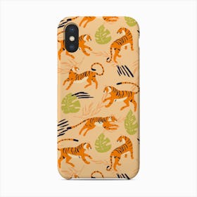 Tiger Pattern On Beige With Tropical Decoration Phone Case